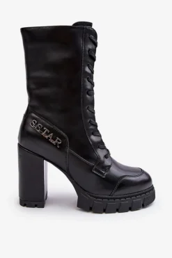 Online Boto Sznurowane Skórzane Botki Na Masywnym Słupku Czarne Khariah