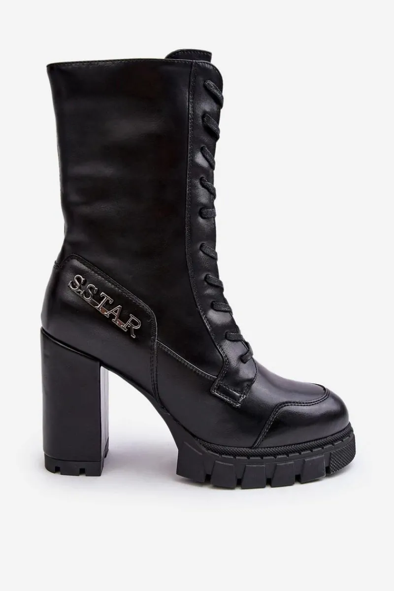 Online Boto Sznurowane Skórzane Botki Na Masywnym Słupku Czarne Khariah