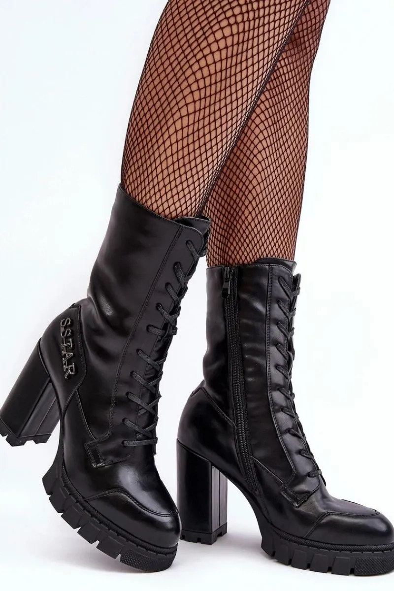 Online Boto Sznurowane Skórzane Botki Na Masywnym Słupku Czarne Khariah