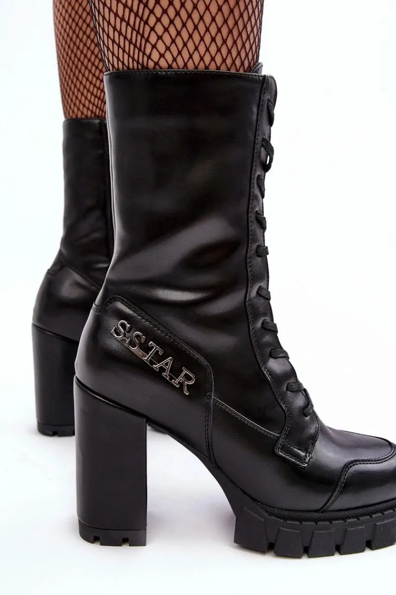 Online Boto Sznurowane Skórzane Botki Na Masywnym Słupku Czarne Khariah