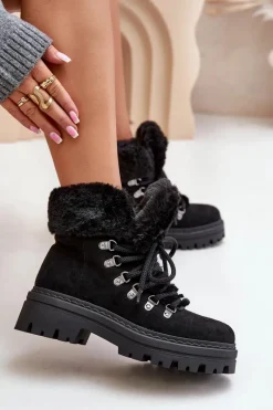 Best Boto Sznurowane Trapery Damskie Z Futerkiem Czarne Vaminia Czarny