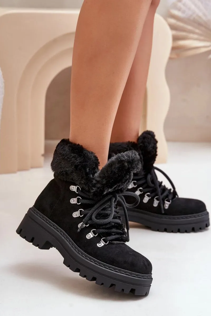 Best Boto Sznurowane Trapery Damskie Z Futerkiem Czarne Vaminia Czarny