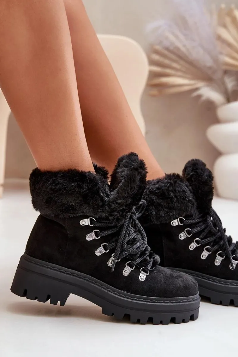 Best Boto Sznurowane Trapery Damskie Z Futerkiem Czarne Vaminia Czarny