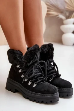 Best Boto Sznurowane Trapery Damskie Z Futerkiem Czarne Vaminia Czarny