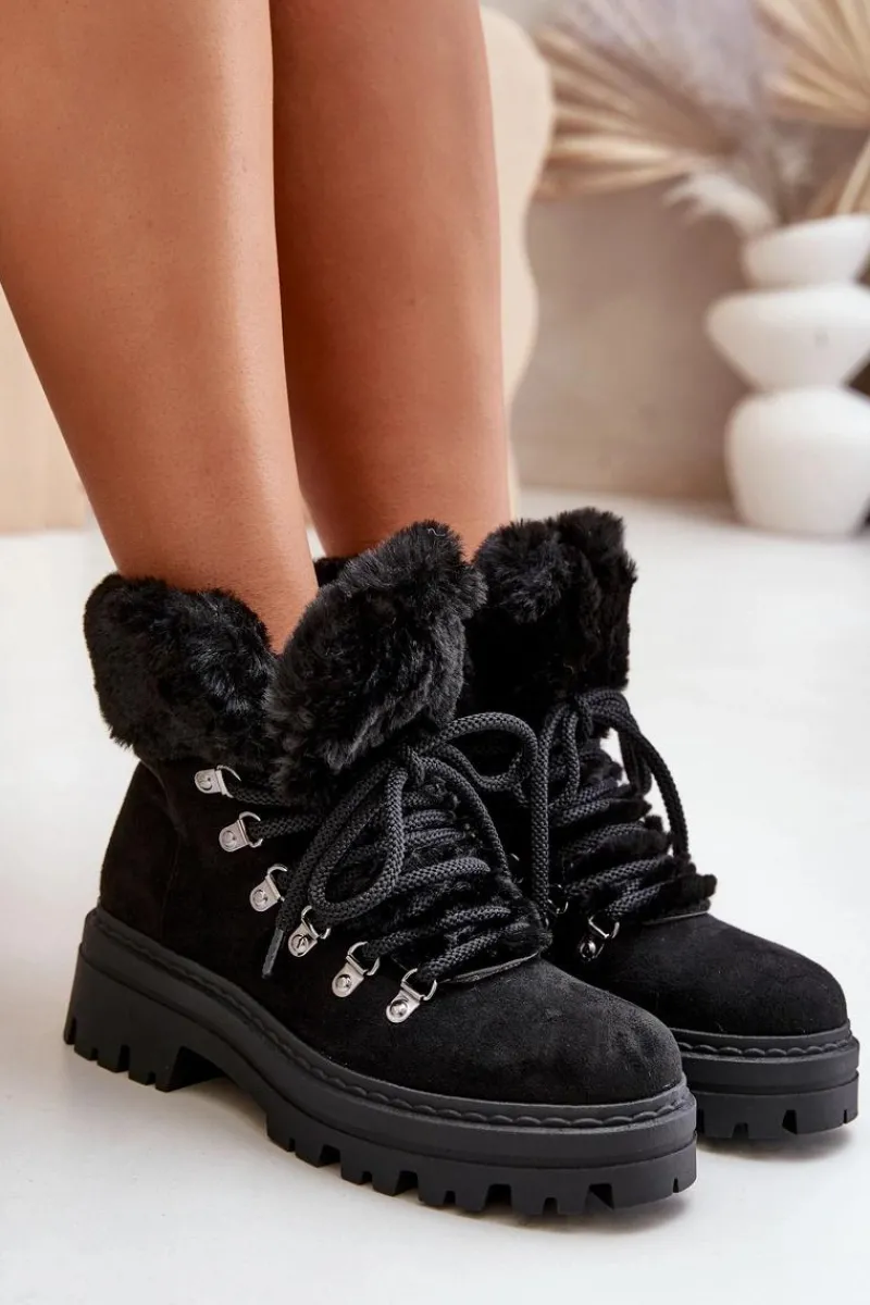 Best Boto Sznurowane Trapery Damskie Z Futerkiem Czarne Vaminia Czarny