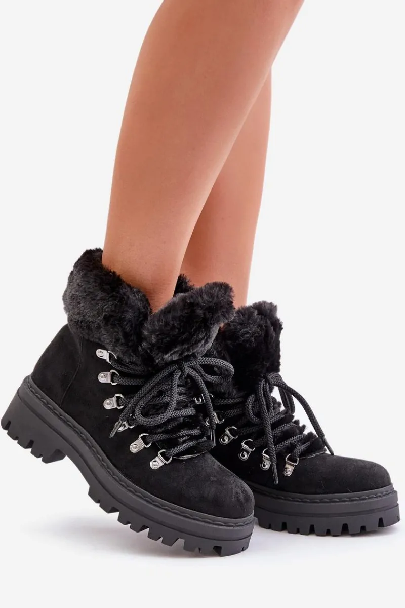 Best Boto Sznurowane Trapery Damskie Z Futerkiem Czarne Vaminia Czarny