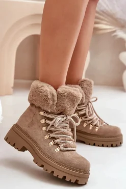 Discount Sznurowane Trapery Damskie Z Futerkiem Ciemnobeżowe Vaminia Damskie Botki Ocieplane|Damskie Trapery