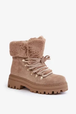 Discount Sznurowane Trapery Damskie Z Futerkiem Ciemnobeżowe Vaminia Damskie Botki Ocieplane|Damskie Trapery