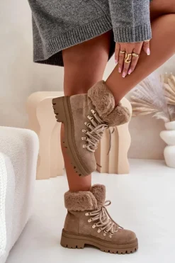 Discount Sznurowane Trapery Damskie Z Futerkiem Ciemnobeżowe Vaminia Damskie Botki Ocieplane|Damskie Trapery