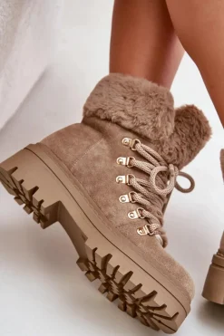 Discount Sznurowane Trapery Damskie Z Futerkiem Ciemnobeżowe Vaminia Damskie Botki Ocieplane|Damskie Trapery