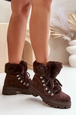 Discount Boto Sznurowane Trapery Damskie Z Futerkiem Ciemnobrązowe Vaminia Brązowy