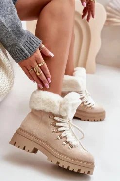 Botki Ocieplane|Damskie Trapery>Boto Sznurowane Trapery Damskie Z Futerkiem Jasnobeżowe Vaminia