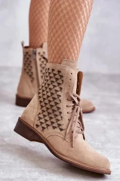 Outlet Boto Sznurowane Zamszowe Botki Nicole 2751 Beżowe