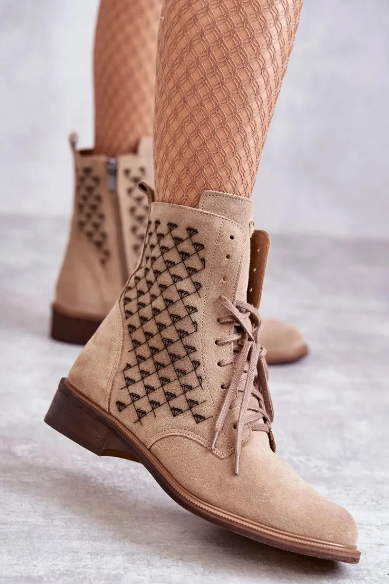 Outlet Boto Sznurowane Zamszowe Botki Nicole 2751 Beżowe