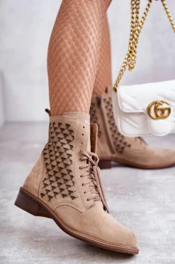 Outlet Boto Sznurowane Zamszowe Botki Nicole 2751 Beżowe