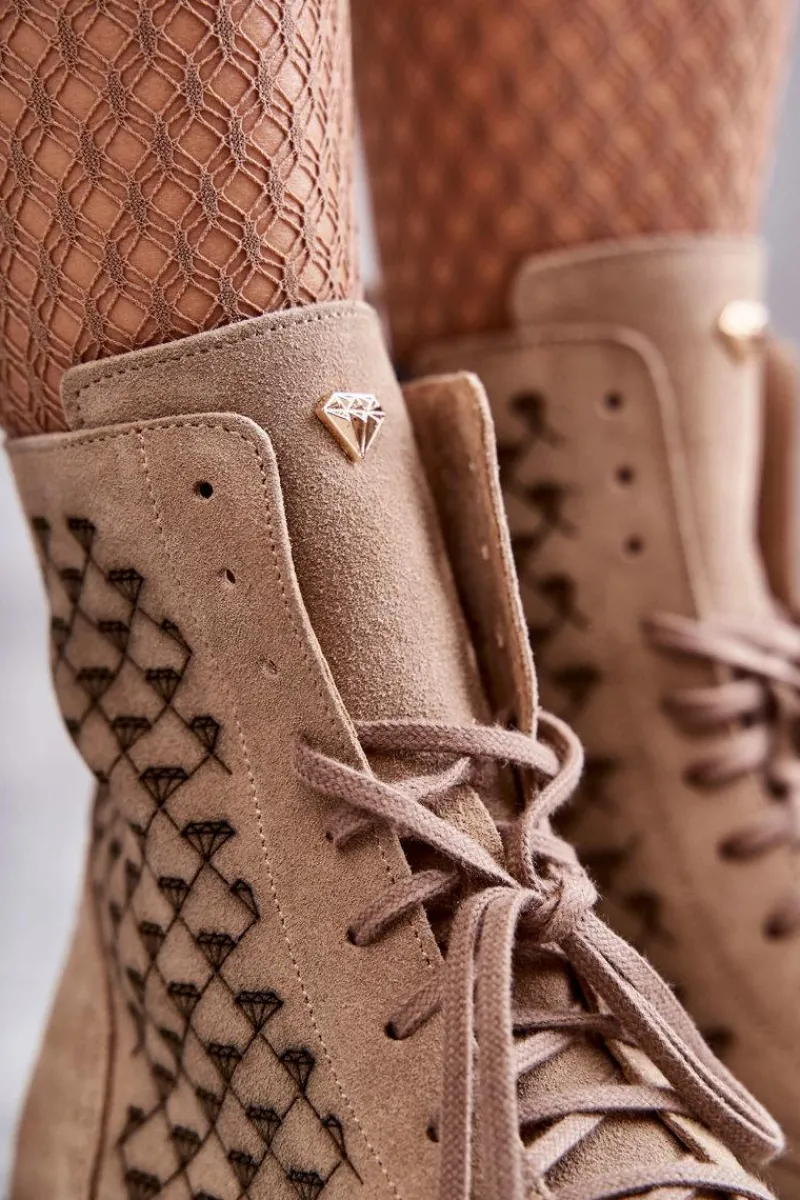 Outlet Boto Sznurowane Zamszowe Botki Nicole 2751 Beżowe