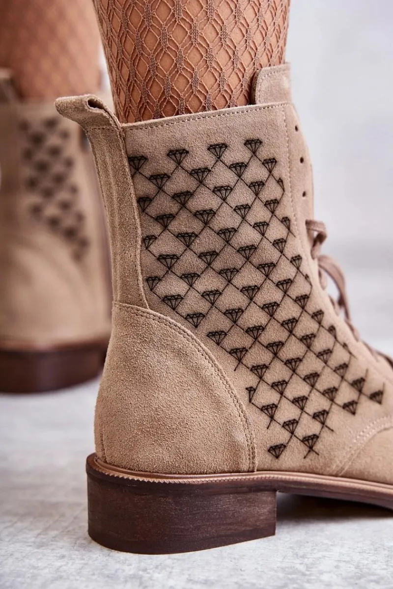 Outlet Boto Sznurowane Zamszowe Botki Nicole 2751 Beżowe