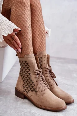 Outlet Boto Sznurowane Zamszowe Botki Nicole 2751 Beżowe