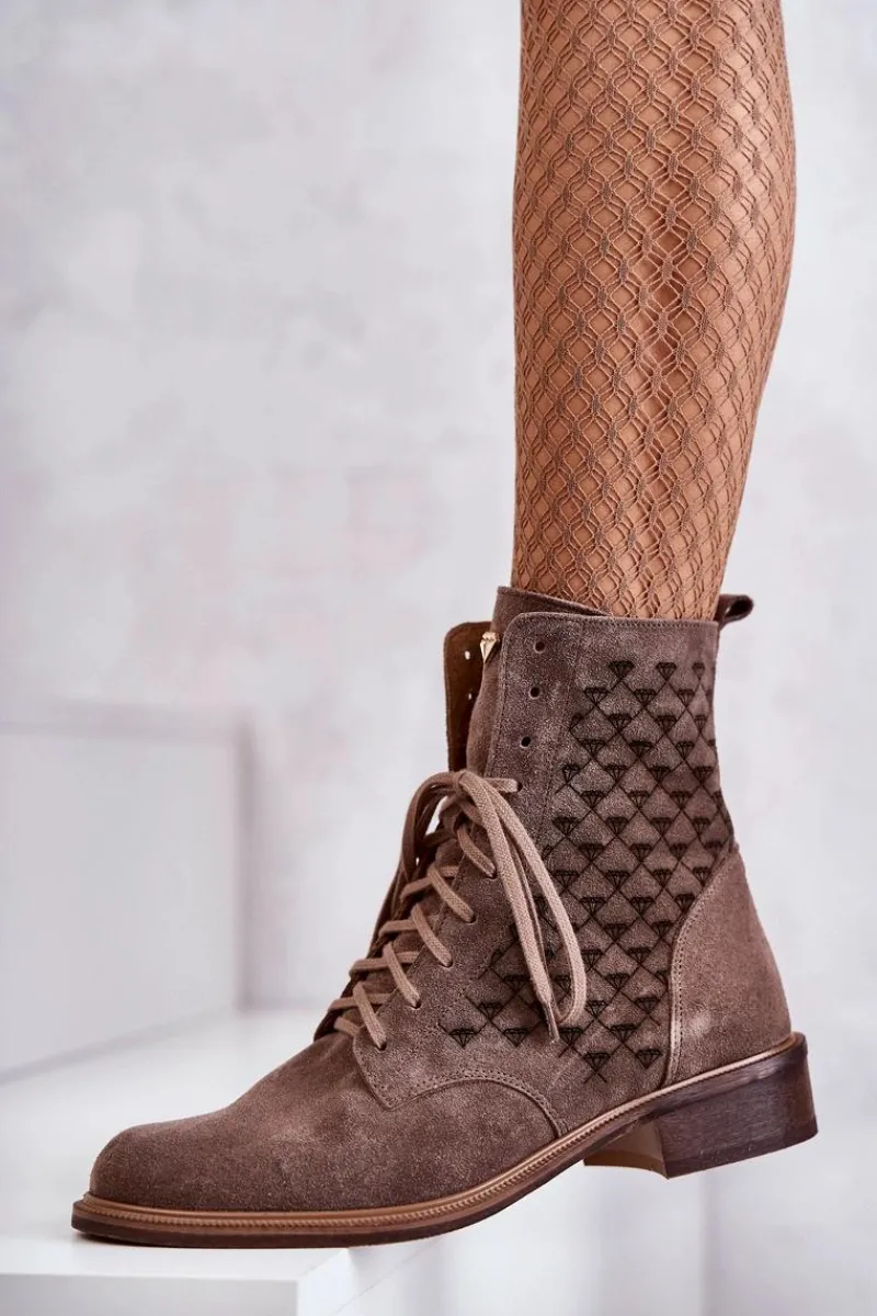 Botki Wiosenne|Botki Skórzane>Boto Sznurowane Zamszowe Botki Nicole 2751 Brązowe