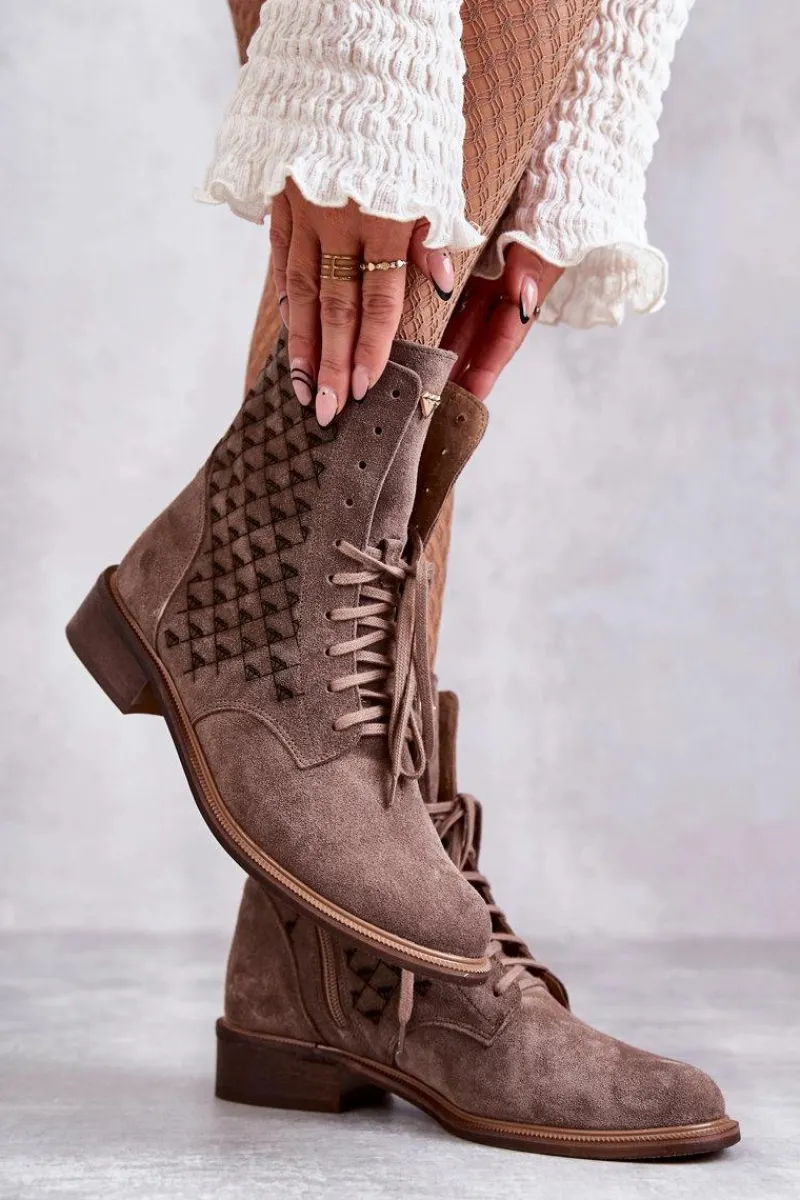 Botki Wiosenne|Botki Skórzane>Boto Sznurowane Zamszowe Botki Nicole 2751 Brązowe