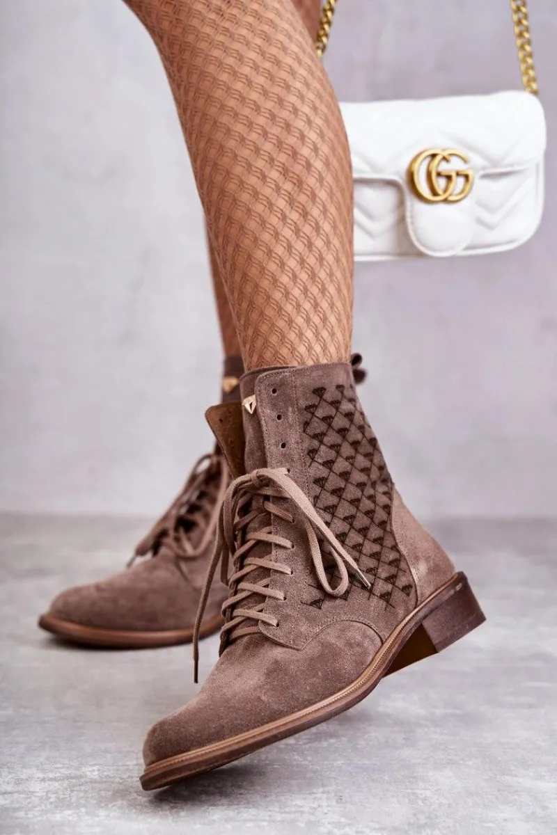 Botki Wiosenne|Botki Skórzane>Boto Sznurowane Zamszowe Botki Nicole 2751 Brązowe