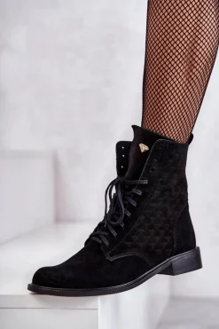 New Sznurowane Zamszowe Botki Nicole 2751 Czarne Damskie Botki Wiosenne|Botki Sznurowane