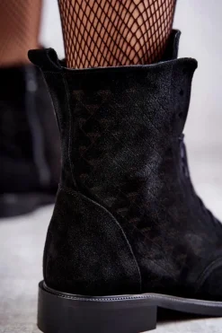 New Sznurowane Zamszowe Botki Nicole 2751 Czarne Damskie Botki Wiosenne|Botki Sznurowane