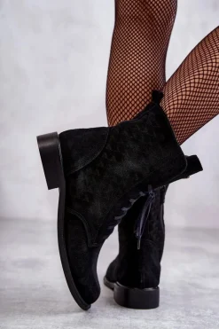 New Sznurowane Zamszowe Botki Nicole 2751 Czarne Damskie Botki Wiosenne|Botki Sznurowane
