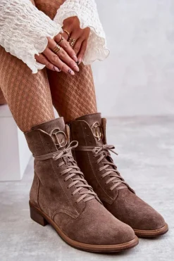 Sznurowane Zamszowe Botki Z Ozdobą Nicole 2750 Brązowe Damskie Botki Wiosenne|Botki Skórzane
