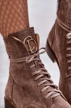 Sznurowane Zamszowe Botki Z Ozdobą Nicole 2750 Brązowe Damskie Botki Wiosenne|Botki Skórzane