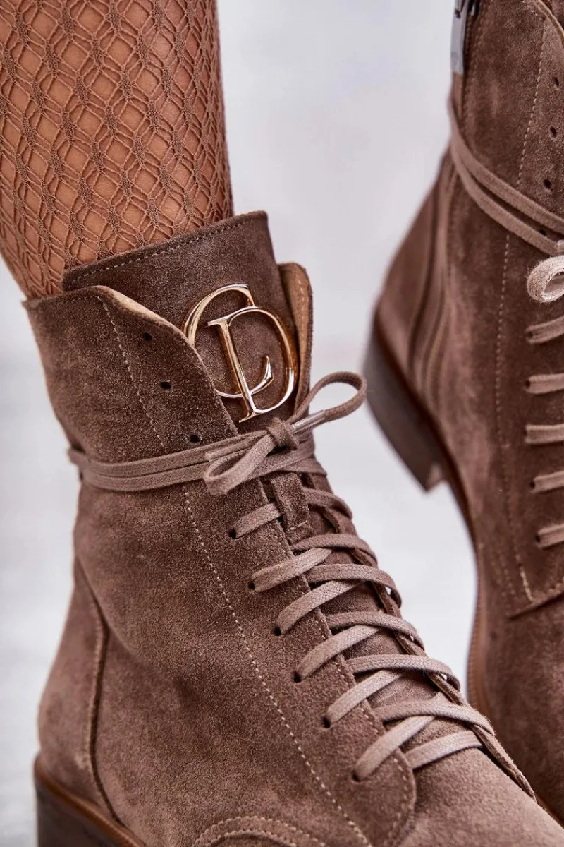 Sznurowane Zamszowe Botki Z Ozdobą Nicole 2750 Brązowe Damskie Botki Wiosenne|Botki Skórzane