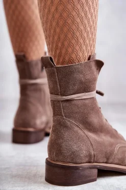 Sznurowane Zamszowe Botki Z Ozdobą Nicole 2750 Brązowe Damskie Botki Wiosenne|Botki Skórzane