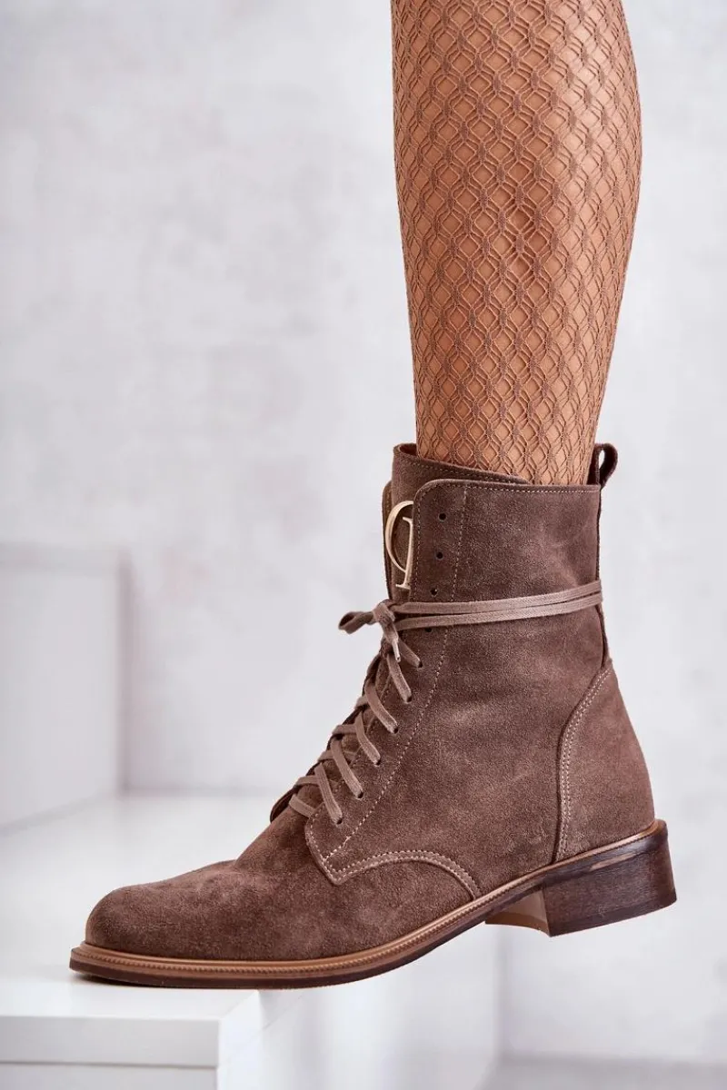 Sznurowane Zamszowe Botki Z Ozdobą Nicole 2750 Brązowe Damskie Botki Wiosenne|Botki Skórzane
