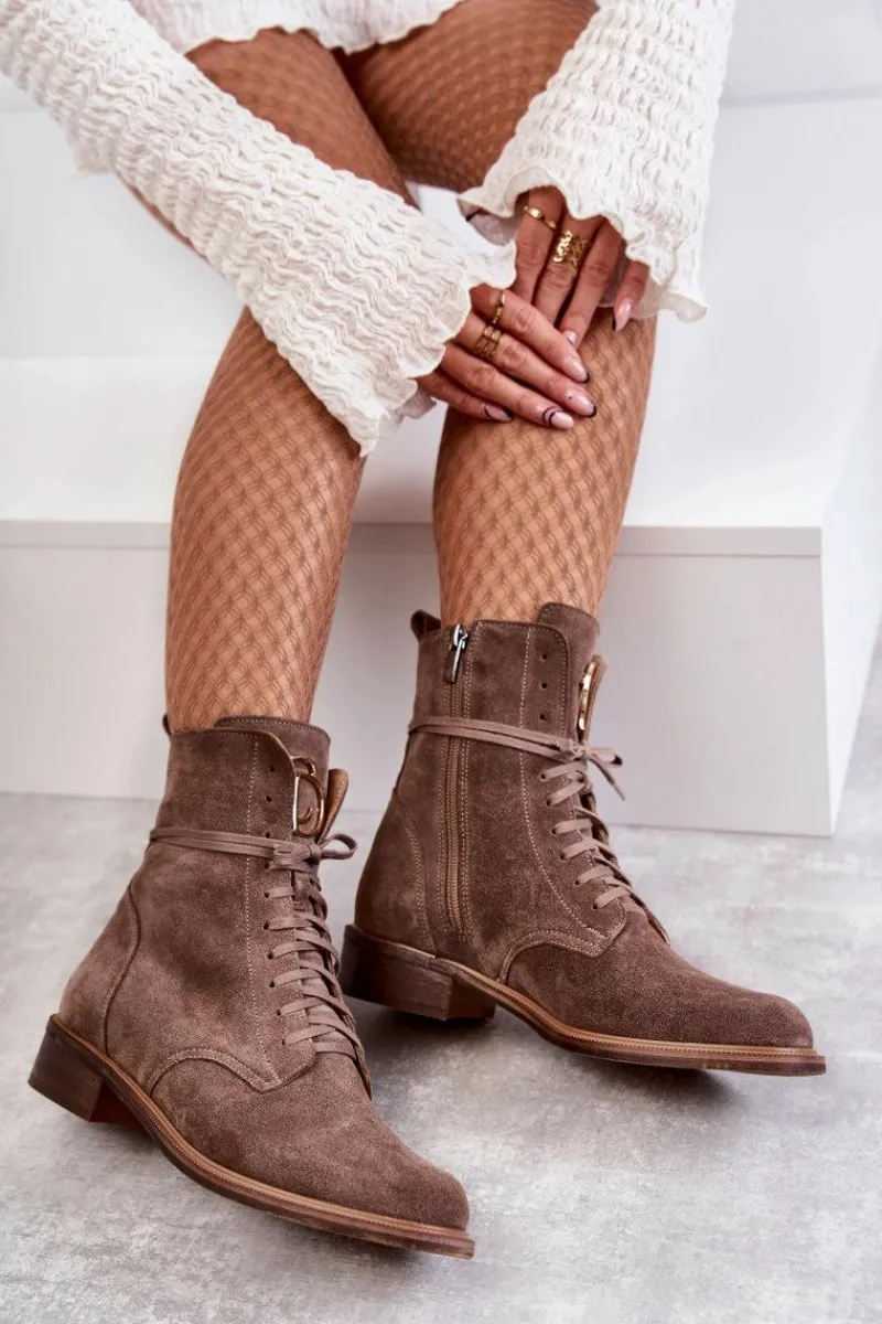 Sznurowane Zamszowe Botki Z Ozdobą Nicole 2750 Brązowe Damskie Botki Wiosenne|Botki Skórzane