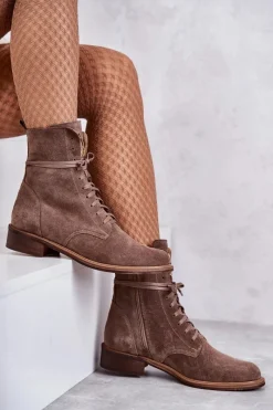 Sznurowane Zamszowe Botki Z Ozdobą Nicole 2750 Brązowe Damskie Botki Wiosenne|Botki Skórzane