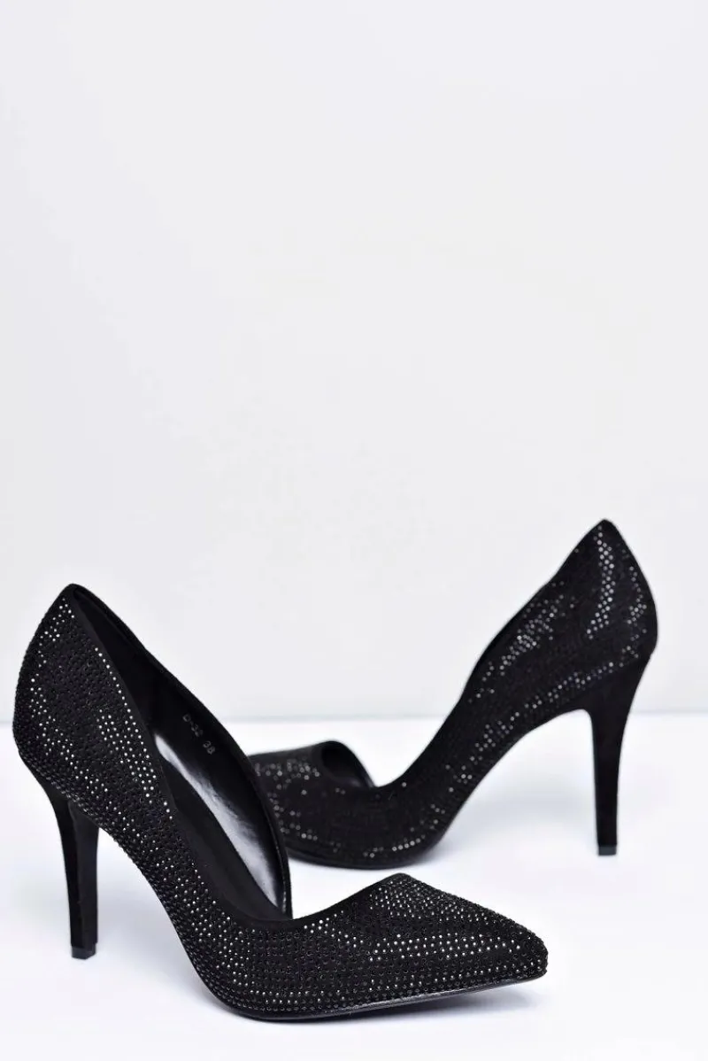 Szpilki Zamszowe>Boto Szpilki Damskie Czarne Zamszowe Cyrkonie Asymetryczne Santee