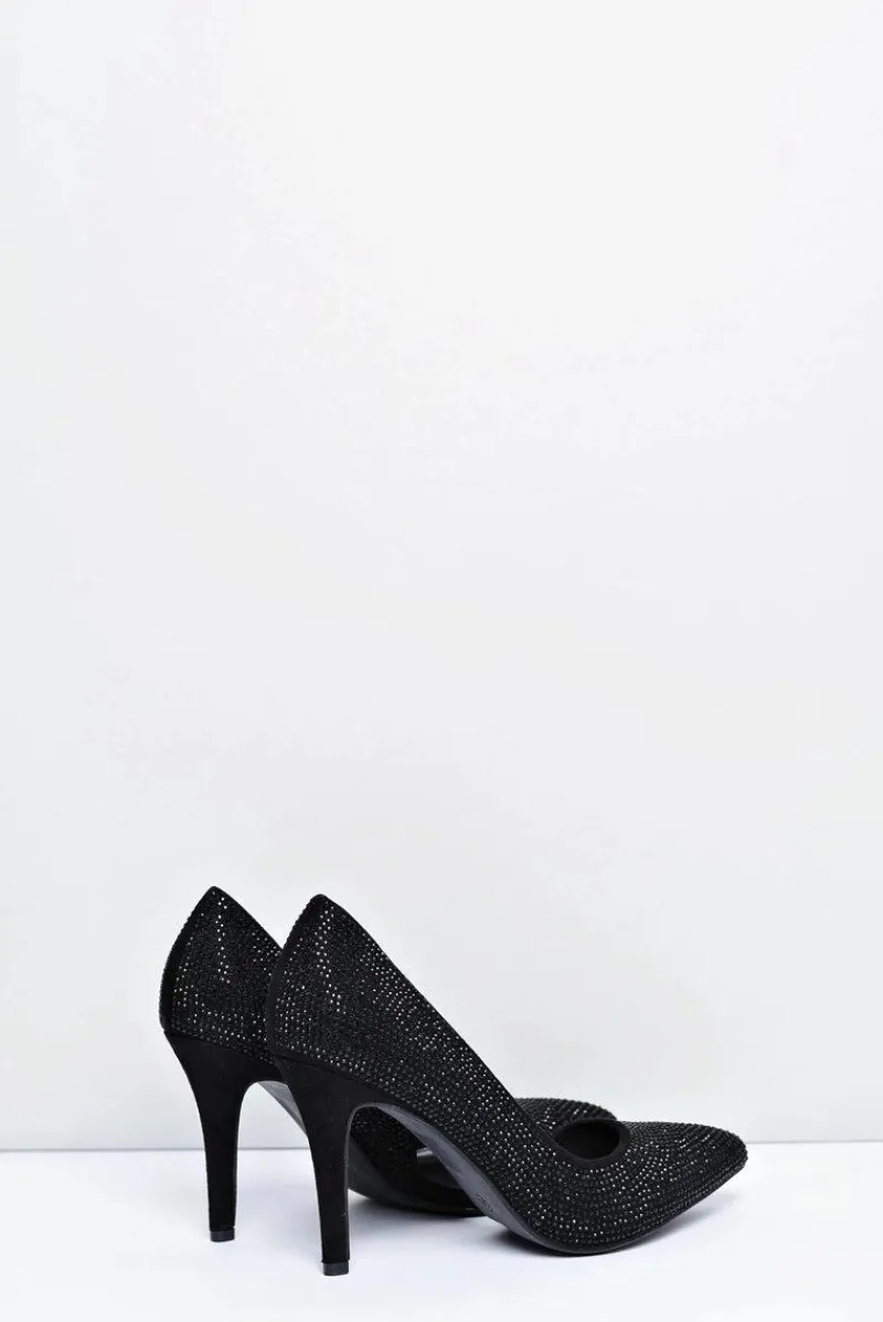 Szpilki Zamszowe>Boto Szpilki Damskie Czarne Zamszowe Cyrkonie Asymetryczne Santee