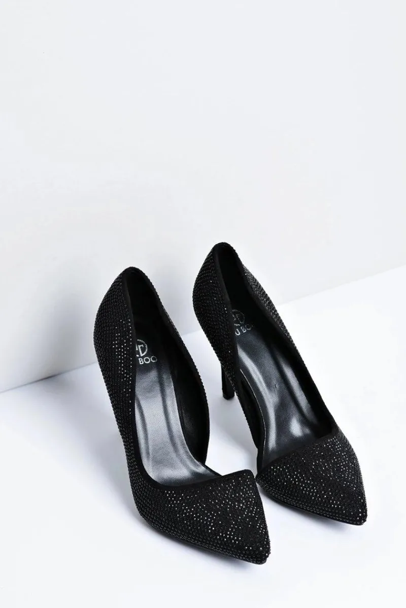 Szpilki Zamszowe>Boto Szpilki Damskie Czarne Zamszowe Cyrkonie Asymetryczne Santee