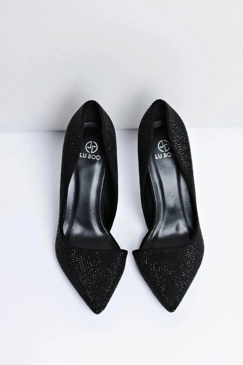 Szpilki Zamszowe>Boto Szpilki Damskie Czarne Zamszowe Cyrkonie Asymetryczne Santee