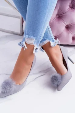 Szpilki Zamszowe>Boto Szpilki damskie Szare Zamszowe Lu Boo Pompon