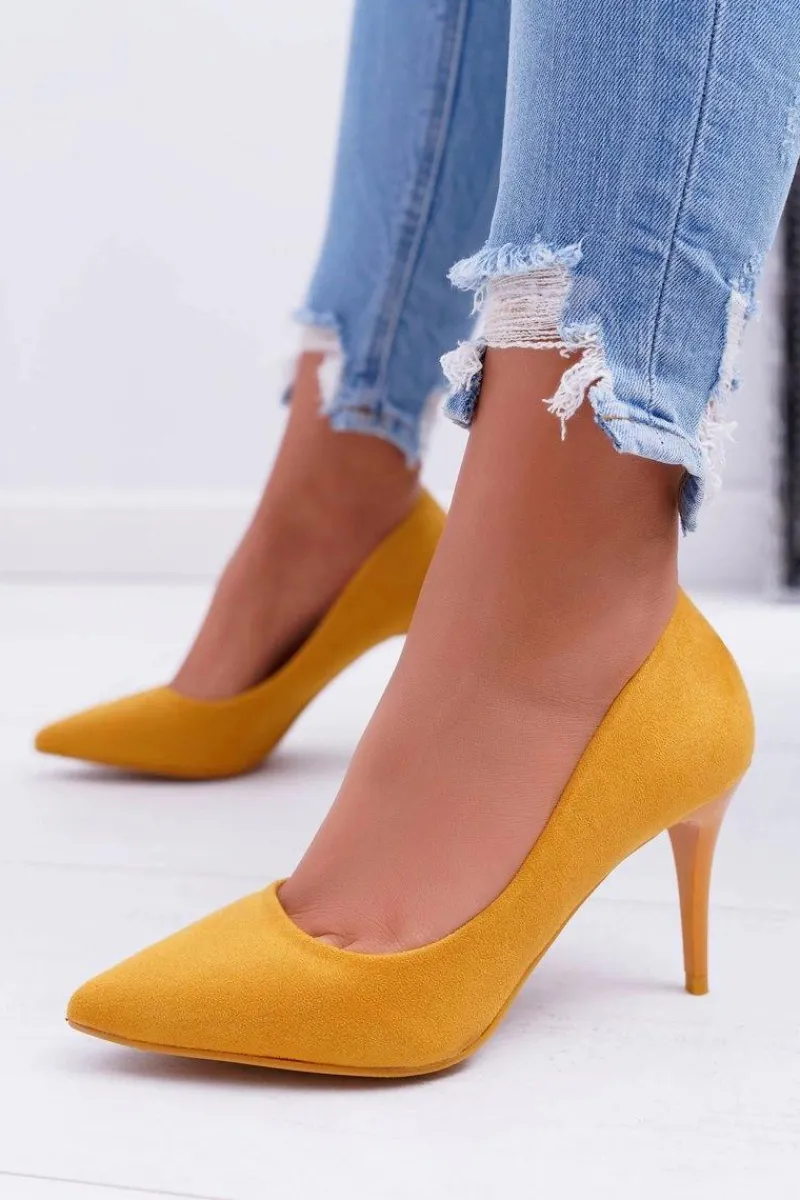 Szpilki Zamszowe>Boto Szpilki Damskie Zamszowe W Szpic Żółte Cream