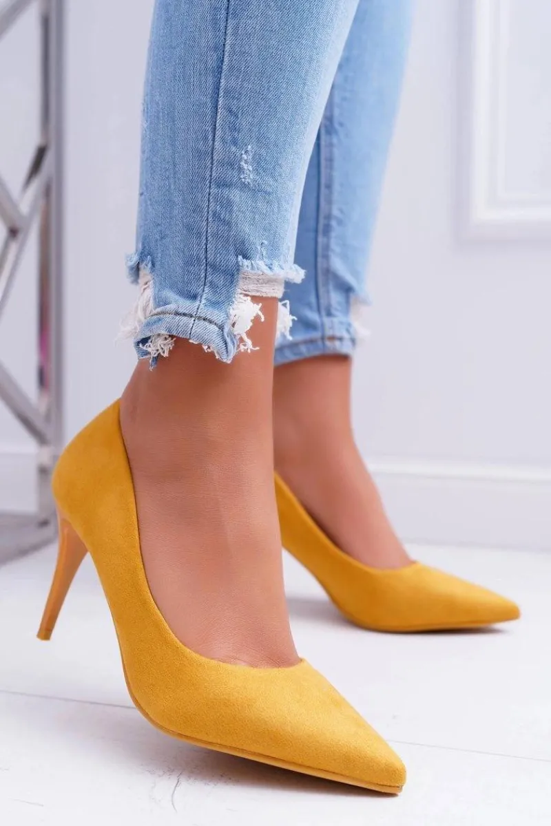 Szpilki Zamszowe>Boto Szpilki Damskie Zamszowe W Szpic Żółte Cream