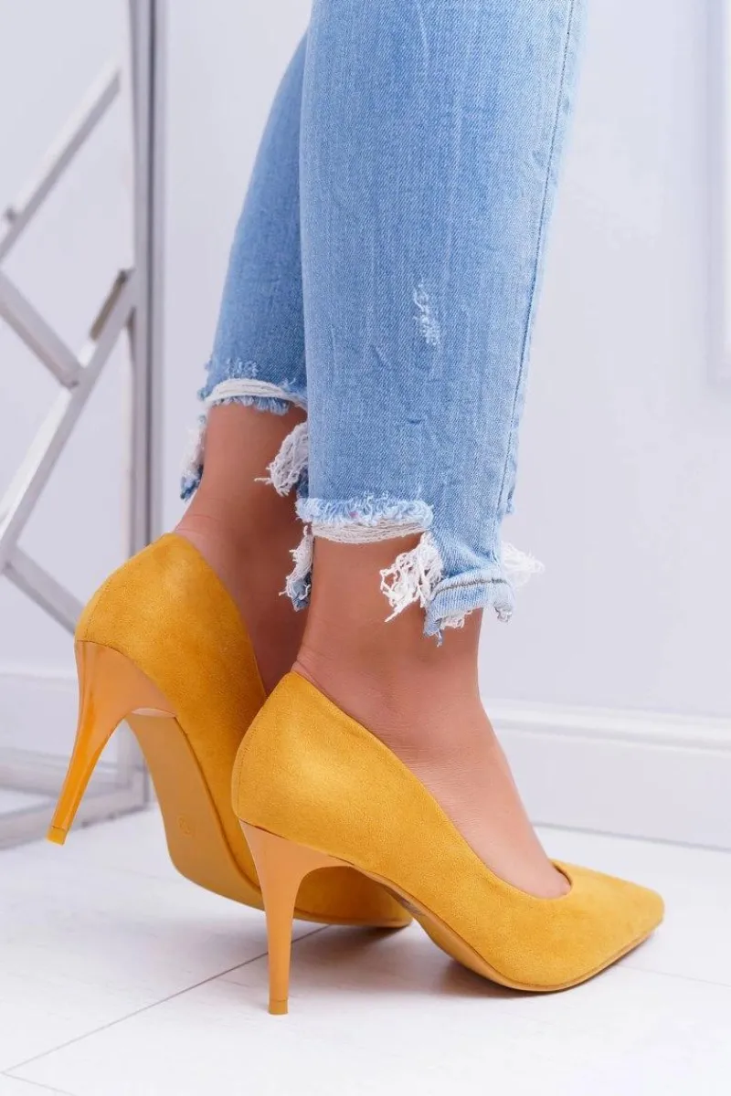 Szpilki Zamszowe>Boto Szpilki Damskie Zamszowe W Szpic Żółte Cream