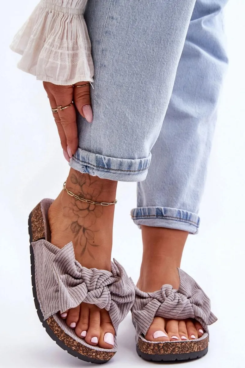 New Sztruksowe Klapki Na Korku Szare Summertime Damskie Klapki Korkowe|Klapki Na Platformie