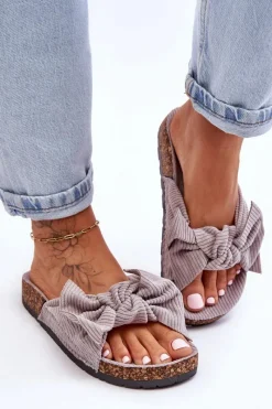 New Sztruksowe Klapki Na Korku Szare Summertime Damskie Klapki Korkowe|Klapki Na Platformie