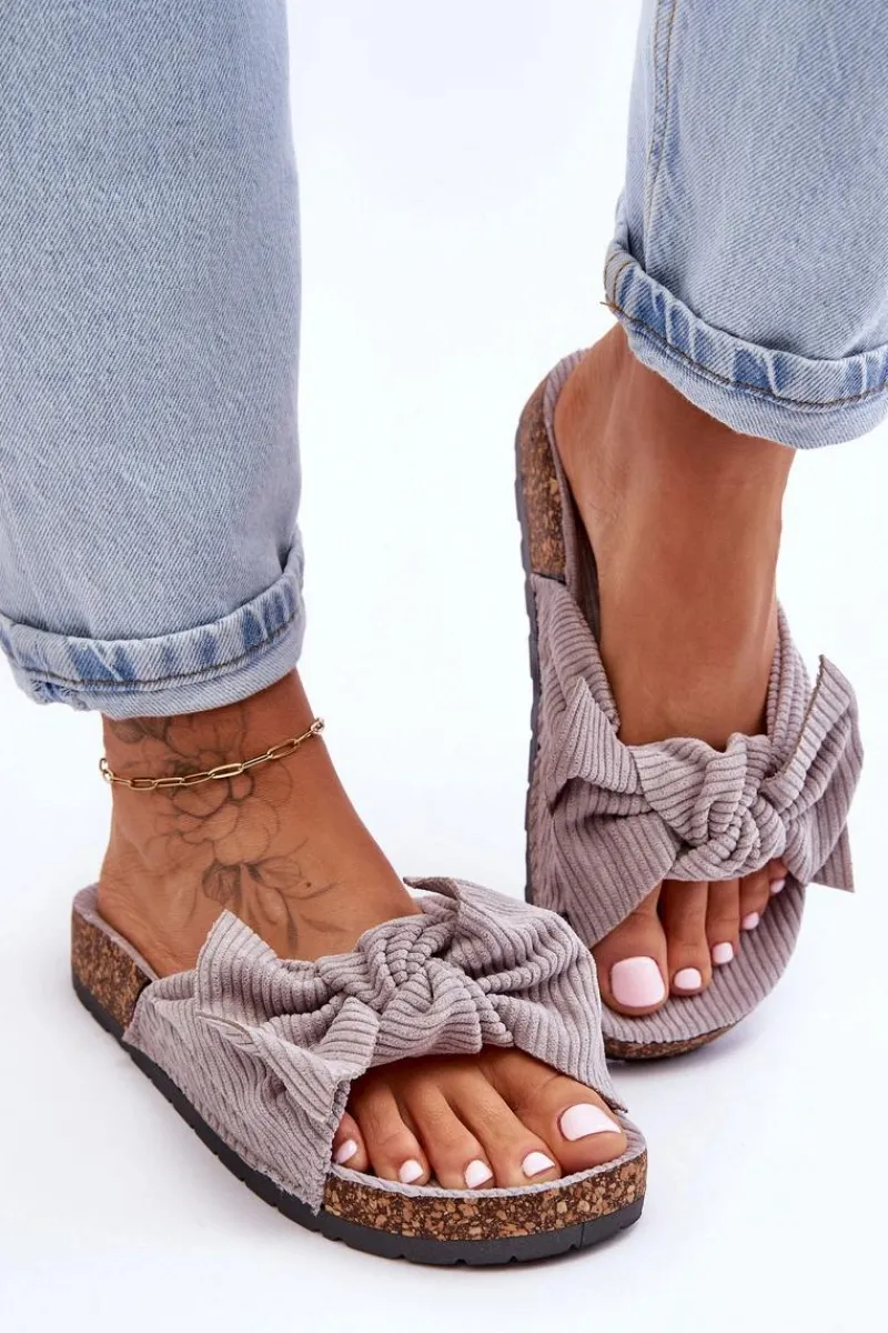 New Sztruksowe Klapki Na Korku Szare Summertime Damskie Klapki Korkowe|Klapki Na Platformie