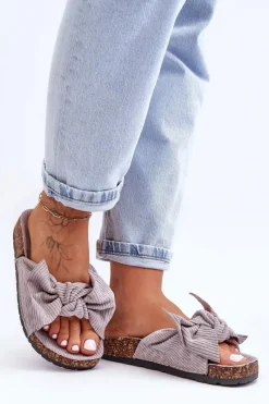 New Sztruksowe Klapki Na Korku Szare Summertime Damskie Klapki Korkowe|Klapki Na Platformie