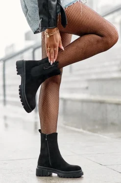 Online Sztyblety Botki Damskie Zamszowe Czarne Alexetta Damskie Czarne Botki|Botki Płaskie