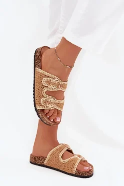 Best Szydełkowe Klapki Damskie Ze Złotymi Klamrami Camel Fenira Damskie Klapki Korkowe|Klapki Na Platformie