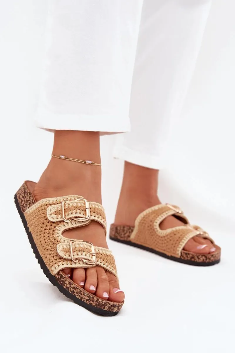 Best Szydełkowe Klapki Damskie Ze Złotymi Klamrami Camel Fenira Damskie Klapki Korkowe|Klapki Na Platformie